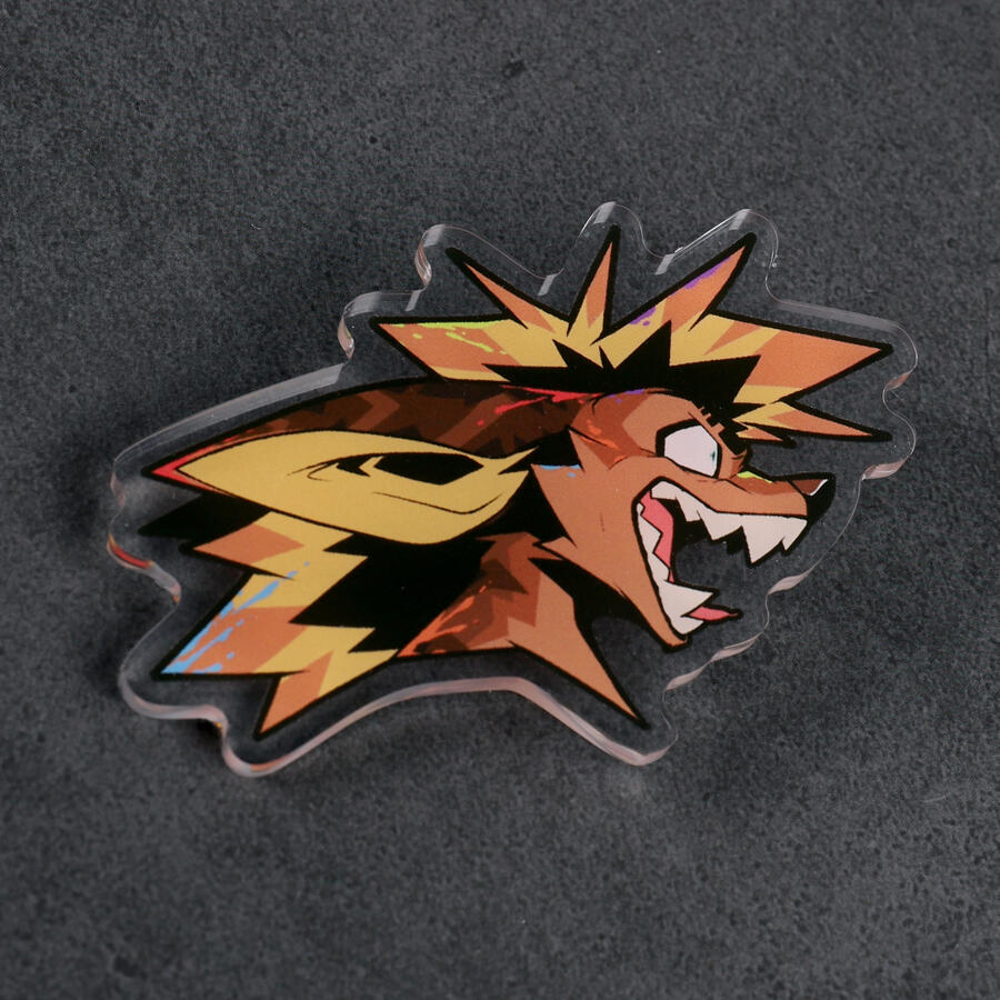 Photo of an acyrlic pin produced and sold by Kaladania